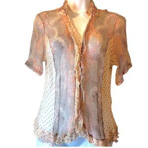 Apriori Womans Blouse Small Pink Sheer Ruffle Cottage Core Academia Career Layer